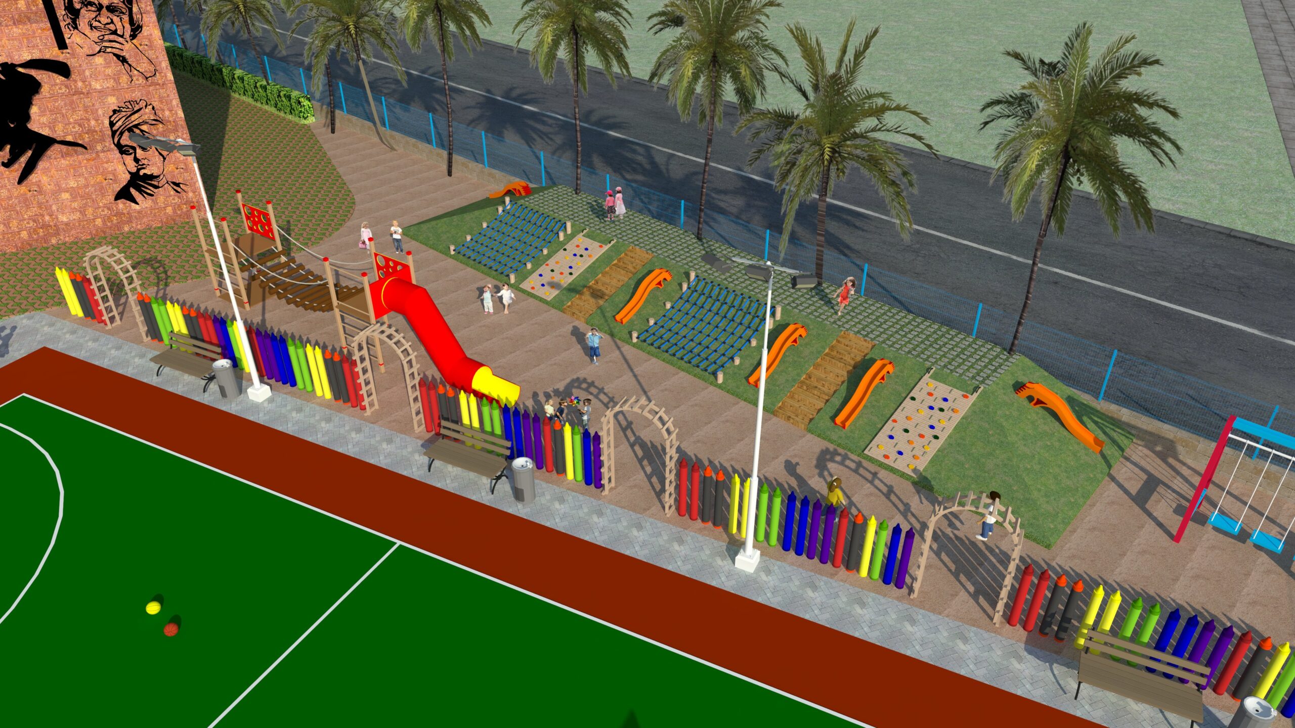Kids’ play area — balance and climb structures